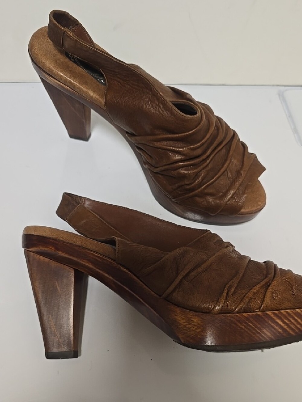 Brown Ruched Slingback Peep-Toe Heels